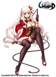 Rule 34 | 1girl, bell, black gloves, black thighhighs, bow, breasts, capelet, cleavage, full body, fur trim, gloves, green eyes, hair bow, high heels, jingle bell, large breasts, long hair, looking at viewer, metto, official art, panties, pantyshot, parted lips, santa costume, sitting, smile, solo, thighhighs, transparent background, underwear, unleashed, very long hair, whip, white hair, white panties