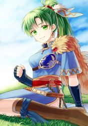 Rule 34 | 1girl, boots, day, fire emblem, fire emblem: the blazing blade, green eyes, green hair, kiyuu, looking at viewer, lyn (fire emblem), nintendo, outdoors, ponytail, sitting, smile