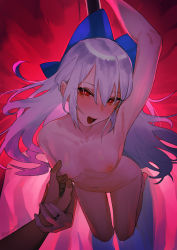 Rule 34 | 1boy, 1girl, absurdres, arm up, armpits, beijuu, blush, bow, breasts, commentary request, girls&#039; frontline, grey hair, hair between eyes, hair bow, highres, jewelry, long hair, looking at viewer, navel, nipples, nude, open mouth, pov, pov hands, red eyes, ring, small breasts, solo focus, tokarev (girls&#039; frontline), tongue, tongue out, twitter username, wedding ring