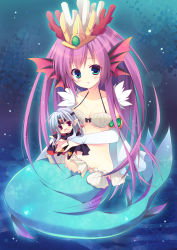 Rule 34 | 1boy, 1girl, blue eyes, fins, head fins, headdress, izumiyuhina, long hair, looking at viewer, mermaid, mini person, miniboy, monster girl, navel, open mouth, pointy ears, purple hair, puzzle &amp; dragons, red eyes, shell, shell bikini, silver hair, siren (p&amp;d), tail, vampire (p&amp;d), vampire lord (p&amp;d)