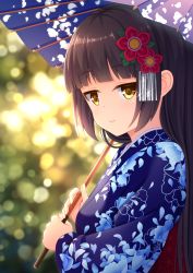 Rule 34 | 1girl, black hair, blue eyes, blurry, blurry background, day, flower, from side, hair flower, hair ornament, hairclip, highres, holding, holding umbrella, iwamoto sora, japanese clothes, kimono, long hair, looking at viewer, oil-paper umbrella, original, outdoors, smile, solo, umbrella, yukata