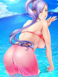 Rule 34 | 1girl, aratama (a-tama), ass, bikini, blue eyes, breasts, day, dragon quest, dragon quest xi, heart, large breasts, long hair, martina (dq11), nipples, outdoors, pink bikini, ponytail, purple hair, revealing swimsuit (dq), sideboob, sky, solo, sun, swimsuit, thighs, very long hair, wading