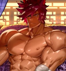 Rule 34 | 1boy, abs, animal ears, bandages, bara, biceps, building, cat ears, couch, large pectorals, league of legends, male focus, manly, muscular, muscular male, na insoo, nipples, one eye covered, orange eyes, pectorals, red hair, room, scar, scar on face, sett (league of legends), solo, spiked hair, thick arms, thick eyebrows, topless male, upper body, veins, veiny arms