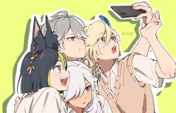 Rule 34 | 4boys, :d, :o, ahoge, alhaitham (genshin impact), animal ear fluff, animal ears, arm up, artist name, black hair, blonde hair, blunt ends, blush, brown eyes, cellphone, closed mouth, collared shirt, commentary request, cyno (genshin impact), earrings, expressionless, eyelashes, eyes visible through hair, feather hair ornament, feathers, fox ears, genshin impact, green eyes, green hair, grey hair, hair between eyes, hair ornament, hair over one eye, holding, holding phone, jewelry, kaveh (genshin impact), long hair, male focus, multicolored eyes, multicolored hair, multiple boys, one eye covered, open mouth, outline, parted bangs, parted lips, phone, pink sweater vest, red eyes, selfie, shadow, shirt, short hair, short sleeves, sidelocks, simple background, smartphone, smile, sweater vest, swept bangs, teeth, tighnari (genshin impact), twitter username, two-tone hair, upper body, upper teeth only, white hair, white outline, white shirt, wing collar, yellow background, yzwn89