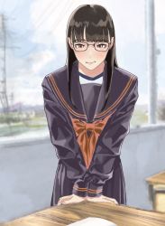 Rule 34 | 1girl, absurdres, arm support, black hair, black shirt, black skirt, blouse, blunt bangs, brown eyes, classroom, commentary request, desk, embarrassed, glasses, highres, hiramedousa, leaning forward, long hair, looking at viewer, mole, mole above mouth, neckerchief, nervous smile, original, pleated skirt, red neckerchief, school desk, school uniform, serafuku, shirt, skirt, smile, solo, v arms