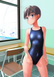 Rule 34 | 1girl, absurdres, black one-piece swimsuit, blue eyes, breasts, chair, commentary request, competition swimsuit, cowboy shot, folding chair, grey hair, highleg, highleg swimsuit, highres, one-piece swimsuit, original, short hair, small breasts, solo, standing, swimsuit, table, takafumi, tan, window