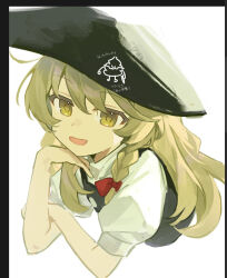 Rule 34 | 1girl, black dress, black hat, blonde hair, bow, braid, buttons, dress, fang, hair between eyes, hair bow, hand up, hat, highres, jill 07km, kirisame marisa, long hair, looking at viewer, open mouth, pinafore dress, puffy short sleeves, puffy sleeves, red bow, shirt, short sleeves, simple background, single braid, sleeveless, sleeveless dress, smile, solo, touhou, turtleneck, upper body, white background, white shirt, witch hat, yellow eyes