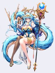 Rule 34 | 1girl, :q, asymmetrical legwear, blue eyes, blue hair, blush, breasts, bridal gauntlets, cleavage, clothing cutout, detached sleeves, dragon, dragon horns, eastern dragon, artistic error, fishnets, full body, fur scarf, fur trim, high heels, highres, holding, holding staff, horns, large breasts, long hair, looking at viewer, navel cutout, original, pointy ears, single thighhigh, sitting, smile, solo, staff, tail, thigh bands, thighhighs, tiara, tongue, tongue out, uneven legwear, very long hair, wrong hand, zerocat