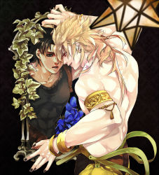 Rule 34 | 2boys, abs, arm up, armlet, back, birthmark, bishounen, black background, black hair, black nails, blonde hair, blurry, bracelet, candlestand, depth of field, different reflection, dio brando, earrings, flower, forehead-to-forehead, from side, green eyes, heads together, hertz (tsuquart), hoop earrings, jewelry, joestar birthmark, jojo no kimyou na bouken, jonathan joestar, leaf, long hair, lots of jewelry, mirror, multiple boys, nail polish, profile, red eyes, reflection, simple background, smile, star (symbol), topless male