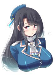 Rule 34 | 10s, 1girl, alternate hair length, alternate hairstyle, beret, black hair, blush, breasts, female focus, hat, kantai collection, large breasts, long hair, looking at viewer, military, military uniform, perepere-kun, red eyes, simple background, solo, takao (kancolle), uniform, upper body, white background