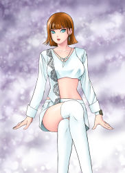 Rule 34 | 1girl, avataro sentai donbrothers, blouse, blue eyes, brown hair, crop top, crossed legs, iwa, jewelry, necklace, shirt, skirt, sononi, sononi (donbrothers), super sentai, thighhighs, white thighhighs