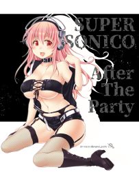 Rule 34 | 1girl, bandeau, bare shoulders, belt, blush, breasts, choker, cleavage, fishnet thighhighs, fishnets, garter belt, garter straps, headphones, high heels, large breasts, long hair, looking at viewer, midriff, navel, nitroplus, open mouth, pink hair, pucho, red eyes, short shorts, shorts, sitting, smile, solo, strapless, super sonico, thighhighs, underboob, wariza