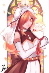 Rule 34 | 1girl, alternate costume, bouquet, dress, elbow gloves, flower, gloves, hair over one eye, highres, long hair, looking at viewer, parasoul (skullgirls), petals, pow3776, red hair, skullgirls, smile, solo, stained glass, upper body, veil, wedding dress, yellow eyes