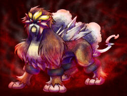 Rule 34 | animal focus, artist request, brown fur, creatures (company), entei, fire, full body, game freak, gen 2 pokemon, glowing, glowing eyes, legendary pokemon, looking at viewer, nintendo, no humans, pokemon, pokemon (creature), red background, red eyes, simple background, solo, spikes, standing, white hair