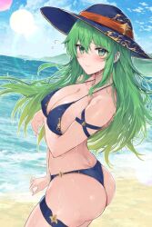 Rule 34 | 1girl, alternate costume, ass, bare shoulders, beach, bikini, blue bikini, blush, breasts, cleavage, commentary, covered erect nipples, fire emblem, fire emblem: path of radiance, fire emblem: radiant dawn, from side, gradient hair, green eyes, green hair, hat, large breasts, long hair, looking at viewer, midriff, multicolored hair, nephenee (fire emblem), nintendo, ocean, outdoors, solo, sun hat, swimsuit, thigh strap, thighs, yuuri (orz commushows)