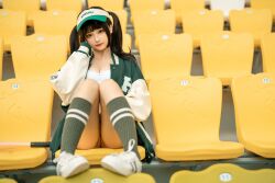 Rule 34 | 1girl, arena, asian, baseball bat, baseball cap, black hair, bra, breasts, chair, chinese (nationality), chunmomo0127, cleavage, feet on chair, green baseball cap, green jacket, green socks, hat, jacket, looking at viewer, medium breasts, outdoors, oversized clothes, oversized jacket, panties, pantyshot, photo (medium), real life, red lips, shoes, sitting, smile, sneakers, socks, thighs, twintails, unbuttoned, unbuttoned jacket, underwear, white bra, white chair, white footwear, white panties, yellow chair