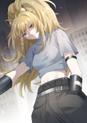 Rule 34 | 1girl, absurdres, animal ear fluff, animal ears, arknights, arm strap, belt, black pants, blonde hair, breasts, chain, chain necklace, chinese commentary, commentary request, cowboy shot, crop top, grey shirt, hand in pocket, highres, jewelry, jinyujinyi, lion ears, long hair, looking at viewer, midriff, navel, necklace, official alternate costume, pants, ponytail, shirt, short sleeves, siege (arknights), siege (city destroyer) (arknights), small breasts, smile, solo, standing, stomach, yellow eyes