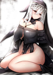 Rule 34 | 1girl, absurdres, arknights, bare shoulders, black dress, black footwear, boots, chain, chain necklace, commentary request, dress, groin, habit, hair between eyes, highres, jewelry, kokihanada, long hair, navel, necklace, off-shoulder dress, off shoulder, red eyes, silver hair, sitting, solo, specter (arknights), thighs, torn, very long hair, wariza