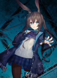 Rule 34 | 1girl, amiya (arknights), arknights, ascot, black jacket, black pantyhose, blue ascot, blue background, blue collar, blue eyes, blue skirt, brown hair, collar, cowboy shot, diamond (shape), hair between eyes, hands up, highres, jacket, jewelry, long sleeves, multiple rings, neck ring, oooomiga, open clothes, open jacket, open mouth, outstretched arm, pantyhose, parted lips, plaid, plaid skirt, ponytail, ring, shirt, sidelocks, skirt, solo, thighlet, white shirt