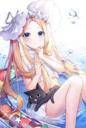 Rule 34 | 1girl, abigail williams (fate), abigail williams (swimsuit foreigner) (fate), abigail williams (swimsuit foreigner) (third ascension) (fate), absurdres, bare shoulders, bikini, black cat, blonde hair, blue eyes, blush, bonnet, bow, breasts, cat, fate/grand order, fate (series), forehead, hair bow, highres, hu qu, innertube, long hair, looking at viewer, miniskirt, navel, parted bangs, sidelocks, skirt, small breasts, smile, swim ring, swimsuit, thighs, twintails, very long hair, water, white bikini, white bow, white headwear