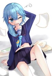 Rule 34 | 1girl, adapted costume, asymmetrical hair, black sailor collar, black skirt, blue eyes, blue hair, blue neckerchief, blue shirt, crescent, crescent pin, feet out of frame, kantai collection, mf u c, minazuki (kancolle), navel, neckerchief, paper, pleated skirt, sailor collar, shirt, short hair, sitting, skirt, solo, white background
