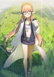 Rule 34 | 1girl, akinashi yuu, blush, circe (doc kykeon) (fate), circe (fate), commentary request, fate/grand order, fate (series), feet out of frame, female focus, glasses, hairband, jewelry, long hair, looking at viewer, multicolored eyes, necklace, orange hair, outdoors, pointy ears, sandals, solo, thighs, twintails