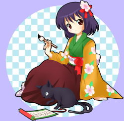 Rule 34 | 1girl, calligraphy, calligraphy brush, cat, checkered background, female focus, flower, hair flower, hair ornament, hieda no akyuu, japanese clothes, michii yuuki, multiple tails, nekomata, outside border, paintbrush, perfect memento in strict sense, purple hair, red eyes, round image, scroll, solo, tail, touhou, two tails