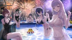Rule 34 | 1girl, 5girls, absurdres, alternate costume, azur lane, bare shoulders, bellona (azur lane), bikini, black bikini, black gloves, black hair, black one-piece swimsuit, blue hair, blunt bangs, breasts, cleavage, closed mouth, creator connection, crossed bangs, crossed legs, doham, drink, duca degli abruzzi (azur lane), duca degli abruzzi (lustrous onyx sirenetta) (azur lane), elbow gloves, fireworks, foch (azur lane), gloves, hands up, highres, large breasts, looking at viewer, manjuu (azur lane), multiple girls, o-ring, o-ring bikini, official alternate costume, one-piece swimsuit, one eye closed, parted lips, partially submerged, plymouth (azur lane), pool, see-through, sideboob, single glove, sitting, smile, swimsuit, thighs, ulrich von hutten (azur lane), underboob, water, white one-piece swimsuit