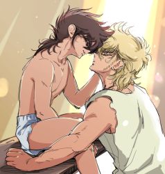 Rule 34 | age difference, blonde hair, boxers, brown eyes, brown hair, closed eyes, couple, hand on another&#039;s head, imminent kiss, leo aiolia, looking at another, male focus, male underwear, muscular, muscular male, nerimeshi, pegasus seiya, saint seiya, sideburns, sitting, topless male, tunic, underwear, white boxers, yaoi