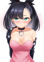 Rule 34 | 1girl, alternate breast size, aqua eyes, arms behind back, asymmetrical bangs, black choker, black hair, black jacket, blush, breasts, choker, cleavage, closed mouth, collarbone, creatures (company), dress, earrings, embarrassed, flying sweatdrops, game freak, glint, hair ribbon, highres, jacket, jewelry, kibihimi, large breasts, long hair, looking away, looking to the side, marnie (pokemon), medium breasts, nintendo, nose blush, off shoulder, open clothes, open jacket, pink dress, pokemon, pokemon swsh, red ribbon, ribbon, simple background, single bare shoulder, single earring, solo, strapless, strapless dress, twintails, upper body, white background