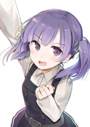 Rule 34 | 1girl, arm up, commentary request, dress, kantai collection, long sleeves, looking at viewer, ooshio (kancolle), ooshio kai ni (kancolle), open mouth, pinafore dress, purple eyes, purple hair, ribbon, school uniform, shirt, short hair, short twintails, simple background, sleeveless, sleeveless dress, smile, solo, twintails, white background, white shirt, yuna (yukiyuna)