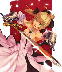 Rule 34 | 1girl, artoria pendragon (all), artoria pendragon (fate), blonde hair, caliburn (fate), capcom, dress, fate/stay night, fate/unlimited codes, fate (series), female focus, gauntlets, green eyes, petals, ponytail, saber (fate), saber lily, solo, sword, weapon, yuuji (and)