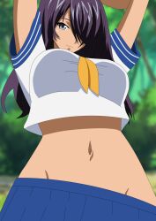 Rule 34 | 1girl, arms behind head, arms up, blue eyes, breasts, close-up, hair over one eye, highres, ikkitousen, kan&#039;u unchou, large breasts, long hair, looking at viewer, midriff, navel, purple hair, school uniform, seductive smile, skirt, smile, solo