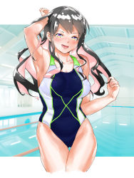 Rule 34 | 1girl, black hair, black one-piece swimsuit, breasts, competition swimsuit, covered navel, hair between eyes, hair down, highres, igarashi mangou, indoors, kantai collection, large breasts, looking at viewer, naganami (kancolle), one-piece swimsuit, pink hair, pool, rei no pool, solo, swimsuit, water, white one-piece swimsuit