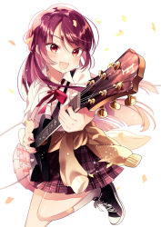 Rule 34 | 1girl, :d, ayumaru (art of life), blunt ends, blush, cardigan, cardigan around waist, unworn cardigan, clothes around waist, collared shirt, falling petals, fang, foreshortening, guitar, highres, holding, holding instrument, instrument, long hair, looking at viewer, music, neck ribbon, open mouth, original, petals, plaid, plaid skirt, playing instrument, pleated skirt, purple hair, red eyes, ribbon, school uniform, shirt, shoes, short sleeves, skin fang, skirt, smile, sneakers, socks, solo, standing, standing on one leg, strap, swept bangs, two side up, v-shaped eyebrows