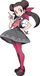 Rule 34 | 10s, 1girl, ascot, blouse, bow, brown hair, creatures (company), double bun, dress, full body, game freak, grey dress, gym leader, hair bow, hair bun, hair ornament, hand on own hip, highres, index finger raised, long hair, mary janes, necktie, nintendo, official art, open mouth, pantyhose, petticoat, pink pantyhose, pointing, pointing up, pokemon, pokemon oras, red eyes, roxanne (pokemon), shirt, shoes, short sleeves, solo, standing, sugimori ken, transparent background, twintails, white background