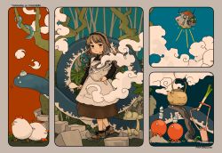 Rule 34 | 1girl, akai sashimi, apron, bird, brown footwear, brown hair, cloud, full body, holding, long hair, long sleeves, octopus, original, plant, rice cooker, shoes, signature, snake, solo, spring onion, standing, teapot, white apron