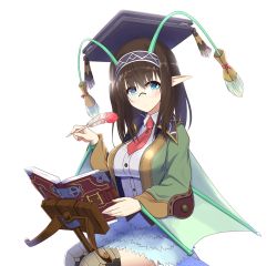 Rule 34 | 1girl, black hair, blue eyes, book, breasts, coat, cosplay, cosplay request, dr. paradigm, dr. paradigm (cosplay), dress, glasses, guilty gear, highres, idolmaster, idolmaster cinderella girls, kuroshiro (ms-2420), large breasts, long hair, necktie, pointy ears, quill, sagisawa fumika, shirt, solo, thighhighs