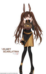 Rule 34 | 1girl, animal ears, blush, breasts, brown eyes, brown hair, dishwasher1910, hair between eyes, high heels, long hair, rabbit ears, rabbit girl, rabbit tail, rwby, smile, solo, tail, thighhighs, twintails, velvet scarlatina