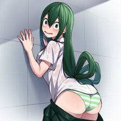 Rule 34 | 1girl, absurdres, against wall, ass, asui tsuyu, boku no hero academia, clothes pull, d:, green eyes, green hair, green pants, hair rings, highres, kobaji, long hair, open mouth, panties, pants, pants pull, shirt, short sleeves, solo, striped clothes, striped panties, tile wall, tiles, underwear, white shirt