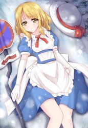 Rule 34 | 1girl, apron, bad id, bad pixiv id, blonde hair, gloves, hat, hat ribbon, highres, kana anaberal, lying, md5 mismatch, on back, ribbon, road sign, sign, snow, touhou, touhou (pc-98), wendell, yellow eyes