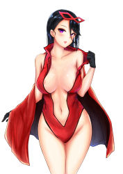 Rule 34 | 1girl, absurdres, areola slip, asymmetrical bangs, black gloves, black hair, blush, breasts, collarbone, cowboy shot, gloves, highres, large breasts, leotard, looking at viewer, mask, mask on head, navel, original, pulling own clothes, purple eyes, realman, simple background, solo, straight hair, thighs, tongue, tongue out, white background