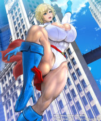 Rule 34 | 1girl, blonde hair, blue eyes, blue gloves, boots, breasts, bursting breasts, cape, cleavage, cleavage cutout, clothing cutout, dc comics, gloves, high heel boots, high heels, highres, huge breasts, knee boots, leotard, muscular, muscular female, power girl, rebis, short hair, smile, solo, superhero costume, thick thighs, thighs