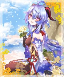 Rule 34 | 1girl, ahoge, artist name, bare shoulders, bell, black gloves, blue hair, blue sky, blush, breasts, brown pantyhose, chinese knot, cloud, day, detached sleeves, flower, flower knot, ganyu (genshin impact), genshin impact, gloves, gold trim, hachisuka (renka-1207), highres, holding, holding flower, horns, leaf, long hair, looking at viewer, medium breasts, neck bell, outdoors, pantyhose, purple eyes, qingxin flower, sideboob, sidelocks, sitting, sky, smile, solo, thighlet, twitter username, vision (genshin impact), white flower, white sleeves
