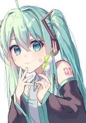 Rule 34 | 1girl, absurdres, ahoge, blue eyes, blue hair, blush, collared shirt, dango, detached sleeves, eating, food, hatsune miku, headphones, highres, holding, holding food, kurobikari, long hair, long sleeves, looking at viewer, necktie, shirt, solo, sweat, twintails, upper body, vocaloid, wagashi