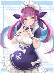 Rule 34 | 1girl, ahoge, anchor symbol, blue hair, blue nails, blunt bangs, bow, bowtie, braid, breasts, cleavage, colored inner hair, cowboy shot, dress, frilled dress, frills, hair ribbon, heart, heart hands, higashigure, highres, hololive, large breasts, long hair, looking at viewer, maid headdress, minato aqua, minato aqua (1st costume), multicolored hair, nail polish, purple bow, purple bowtie, purple dress, purple eyes, purple hair, purple ribbon, ribbon, short sleeves, smile, solo, streaked hair, striped, striped background, twintails, very long hair, virtual youtuber, white bow, wrist cuffs