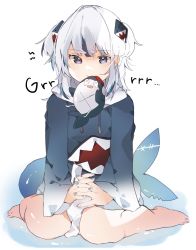 Rule 34 | 1girl, animal hood, bloop (gawr gura), blue eyes, blue hair, blue nails, feet, fins, fish tail, gawr gura, gawr gura (1st costume), hair behind ear, hair ornament, higa (gominami), highres, hololive, hololive english, hood, multicolored hair, nail polish, own hands clasped, own hands together, shark girl, shark hair ornament, shark hood, shark tail, sitting, solo, sound effects, stuffed animal, stuffed shark, stuffed toy, tail, virtual youtuber, wariza, white background, white hair