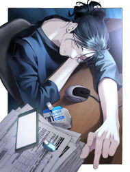 Rule 34 | 1boy, beard, black hair, black shirt, blouse, boku no hero academia, cellphone, chair, correction fluid, desk, energy drink, eraser head (boku no hero academia), facial hair, hair behind ear, half-closed eye, head on arm, head rest, highres, leaning on object, long bangs, long hair, looking at viewer, male focus, messy hair, mouse (computer), mustache, nape, natsuko (bluecandy), office chair, one eye closed, outside border, outstretched arm, paper stack, parted lips, phone, scar, scar on face, screen light, shirt, sleepy, sleeves past elbows, solo, stubble, swivel chair, white eyes