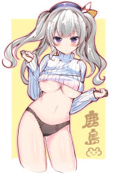 Rule 34 | 10s, 1girl, alternate costume, areola slip, beret, black panties, blush, breasts, clenched hands, cropped legs, female focus, grey hair, hat, kantai collection, kashima (kancolle), lace, lace-trimmed panties, lace trim, large breasts, long sleeves, looking at viewer, navel, no bra, no pants, panties, pikazo, purple eyes, ribbed sweater, sketch, solo, sweater, turtleneck, twintails, underboob, underwear