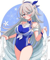 Rule 34 | 1girl, absurdres, ahoge, blue hairband, blue one-piece swimsuit, blush, breasts, flower, grey eyes, grey hair, hair between eyes, hairband, highres, holding, kantai collection, large breasts, long hair, official alternate costume, one-piece swimsuit, pirikara spicy tapioca, shirt, signature, simple background, smile, solo, swimsuit, tied shirt, two-tone background, washington (kancolle), white shirt